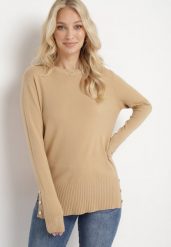 Beżowy Sweter Ozdobiony Guzikami i Rozcięciami na Dole Malioppe. Brązowe swetry Born2be, l, bez wzorów, z dzianiny, bez ramiączek. W wyprzedaży za 76.49 zł.