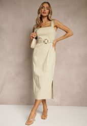 Beżowa Sukienka z Wiskozą o Dopasowanym Kroju z Paskiem z Klamrą i Rozcięciami Mepona. Brązowe sukienki Renee, na co dzień, l, bez wzorów, z wiskozy, eleganckie, bez kołnierzyka, bez ramiączek, midi, dopasowane. W wyprzedaży za 83.99 zł.