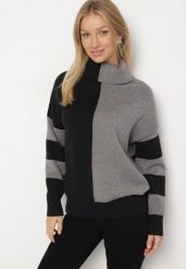 Czarno-Szary Golf z Geometrycznym Wzorem w Paski Eminerria. Czarne swetry Born2be, z aplikacjami, z jeansu, biznesowe, bez ramiączek. Za 89.99 zł.