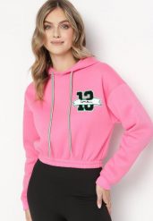 Różowa Bluza o Krótkim Fasonie z Kapturem i Ściągaczami oraz Nadrukiem Varel. Czerwone bluzy Born2be, l, bez wzorów, casualowe, bez ramiączek, z kapturem. W wyprzedaży za 38.24 zł.