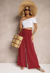 Bordowe Spodnie High Waist z Szerokimi Nogawkami i Gumką w Pasie Risabesa. Czerwone jeansy Renee, m, bez wzorów, z jeansu, eleganckie, z podwyższonym stanem. W wyprzedaży za 29.99 zł.