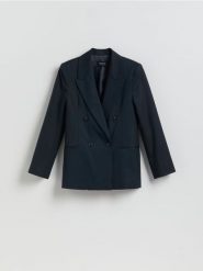 Dwurzędowa marynarka z dodatkiem wełny - granatowy. Niebieskie marynarki i żakiety Reserved, l, bez wzorów, z tkaniny, bez ramiączek. Za 359.99 zł.