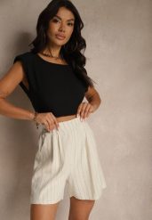 Beżowe Szorty z Lnem i Wiskozą High Waist w Paski Kolirelle. Brązowe szorty Renee, bez wzorów, z wiskozy. W wyprzedaży za 67.99 zł.