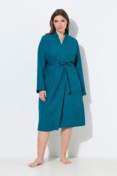 Damskie Szlafrok kołnierz szalowy pasek pika waflowa długi rękaw. Niebieskie szlafroki damskie Ulla Popken, plus size, bez wzorów, z bawełny, bez ramiączek, długie. Za 279.99 zł.