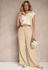 Beżowe Spodnie Palazzo o Szerokim Kroju High Waist Ollevia. Brązowe jeansy Renee, l, z aplikacjami, z jeansu, eleganckie, z podwyższonym stanem. W wyprzedaży za 29.99 zł.