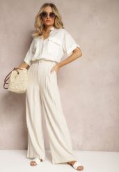 Beżowe Szerokie Spodnie High Waist z Lnu i Wiskozy Apoises. Brązowe jeansy Renee, na lato, l, bez wzorów, z jeansu, eleganckie, z podwyższonym stanem, długie. W wyprzedaży za 67.99 zł.