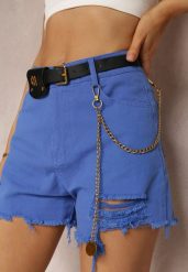 Niebieskie Bawełniane Szorty High Waist z Paskiem z Odpinanym Łańcuszkiem Priseis. Niebieskie szorty Renee, bez wzorów, z bawełny, casualowe. W wyprzedaży za 39.99 zł.