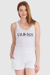 GUESS Biały top damski z logo z koralików. Białe topy Guess, s, z aplikacjami, z bawełny, bez kołnierzyka, bez ramiączek. W wyprzedaży za 129.99 zł.