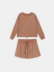 Bawełniana piżama dwuczęściowa z napisem - brązowy. Brązowe piżamy Sinsay, l, bez wzorów, z bawełny, bez kołnierzyka, bez ramiączek. Za 49.99 zł.