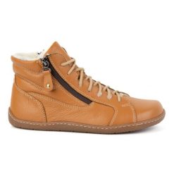 Olivier Damskie minimalistyczne buty skórzane zimowe barefoot 1261 rude pomarańczowe. Brązowe botki bez wzorów, ze skóry, bez obcasa, bez zapięcia. Za 559.87 zł.
