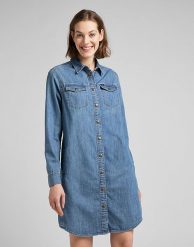 LEE SHIRT DRESS DAMSKA SUKIENKA JEANSOWA DŻINS MID STONE L50DPLVK 112145226. Sukienki Lee, l, bez wzorów, z jeansu, bez kołnierzyka, bez ramiączek. Za 179.99 zł.
