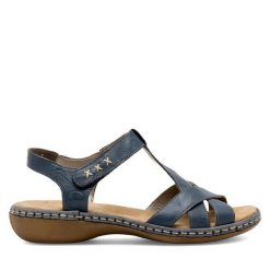 Sandały Rieker. Niebieskie sandały Rieker, bez wzorów, bez obcasa, na płaskiej podeszwie, bez zapięcia. Za 299.99 zł.