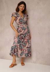 Różowa Sukienka Hesena. Czerwone sukienki Renee, na imprezę, l, bez wzorów, z materiału, boho, bez kołnierzyka, bez ramiączek, midi, kopertowe. W wyprzedaży za 55.99 zł.