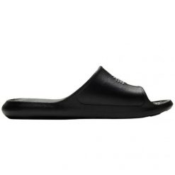 Klapki Nike Victori One Shower Slide CZ7836-001 czarne. Czarne klapki bez wzorów, z materiału, sportowe, bez obcasa, bez zapięcia. W wyprzedaży za 201.50 zł.