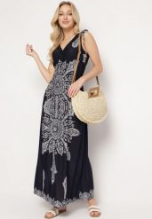 Granatowa Sukienka w Stylu Boho z Gumką w Pasie i Troczkami na Ramionach Aretava. Niebieskie sukienki Born2be, na co dzień, l, bez wzorów, boho, bez kołnierzyka, bez ramiączek, maxi, proste. Za 79.99 zł.