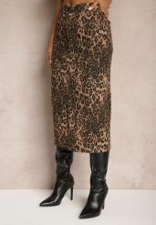 Brązowa Bawełniana Spódnica w Panterkę High Waist z Rozcięciem z Przodu Harilie. Brązowe spódnice Renee, na co dzień, l, bez wzorów, z bawełny, eleganckie, midi. W wyprzedaży za 107.99 zł.