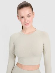 4F Longsleeve treningowy crop-top z wycięciem na plecach damski - beżowy M/L. Brązowe topy 4f, l, bez wzorów, bez kołnierzyka, bez ramiączek. W wyprzedaży za 89.99 zł.