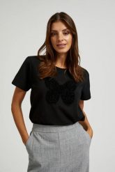 Bawełniany t-shirt z aplikacją czarny. Czarne t-shirty MOODO, l, z aplikacjami, z bawełny, bez kołnierzyka, bez ramiączek. Za 69.99 zł.