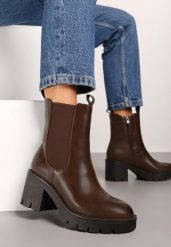 Brązowe Botki na Słupku w Stylu Sztybletów Ozdobione Elastyczną Wstawką Lealin. Brązowe botki Renee, bez wzorów, z jeansu, eleganckie, bez obcasa, na obcasie, bez zapięcia. W wyprzedaży za 83.99 zł.