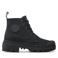 Trapery Palladium. Czarne traperki Palladium, bez wzorów, bez obcasa, bez zapięcia. Za 329.99 zł.