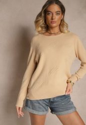 Ciemnobeżowy Sweter o Klasycznym Kroju z Ozdobnymi Guziczkami po Bokach Melornia. Brązowe swetry Renee, l, bez wzorów, casualowe, bez ramiączek. W wyprzedaży za 71.99 zł.