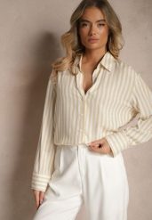 Jasnobeżowa Koszula z Bawełny w Pionowe Prążki z Cyrkoniami Jarilea. Brązowe koszule Renee, l, bez wzorów, z bawełny, biznesowe, bez kołnierzyka, bez ramiączek. W wyprzedaży za 83.99 zł.