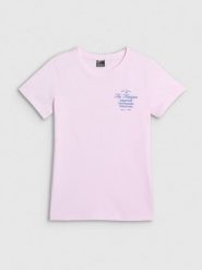 4F T-shirt regular z nadrukiem damski - różowy S. Czerwone t-shirty 4f, s, bez wzorów, z bawełny, klasyczne, bez kołnierzyka, bez ramiączek. Za 59.99 zł.