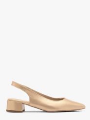 Złote czółenka damskie z otwartą piętą typu slingback. Żółte czółenka Ryłko, bez wzorów, z gumy, z otwartym noskiem, bez obcasa, na obcasie, bez zapięcia. W wyprzedaży za 299.99 zł.