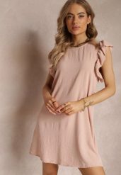 Różowa Sukienka Mini o Pudełkowym Kroju z Falbankami Ansha. Czerwone sukienki Renee, bez wzorów, z tkaniny, bez kołnierzyka, bez ramiączek, mini. W wyprzedaży za 55.99 zł.