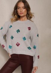 Jasnoszary Sweter z Wiskozą Zdobiony Cekinowymi Aplikacjami z Kwiatami Edalora. Szare swetry Renee, l, z aplikacjami, z jeansu, casualowe, bez ramiączek. W wyprzedaży za 79.99 zł.