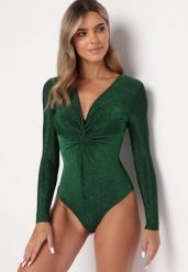 Zielone Brokatowe Body z Głębokim Dekoltem Tialeta. Zielone body i gorsety Born2be, bez wzorów, z tkaniny, bez ramiączek. W wyprzedaży za 84.99 zł.