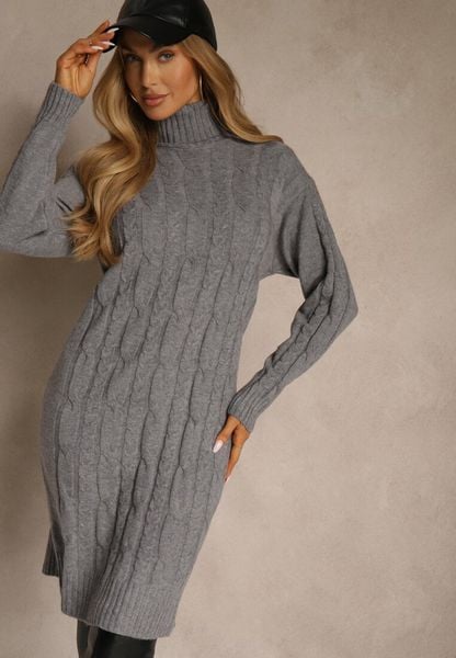 Szara Sukienka Sweterkowa z Golfem Wełną Bawełną i Ozdobnym Splotem Reilenea. Szare sukienki Renee, na spotkanie biznesowe, l, bez wzorów, z bawełny, eleganckie, bez kołnierzyka, bez ramiączek, midi. Za 79.99 zł.