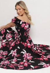 Czarna Sukienka w Kwiaty z Dekoltem Łódką z Bawełną o Rozkloszowanym Kroju Annilva. Czarne sukienki Born2be, na co dzień, l, bez wzorów, z bawełny, eleganckie, bez kołnierzyka, bez ramiączek, midi, rozkloszowane. W wyprzedaży za 62.99 zł.