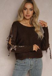 Brązowy Nietoperzowy Sweter z Moherem Ozdobiony Wiązaniami w Panterkowy Print Semitha. Brązowe swetry Renee, bez wzorów, z jeansu, casualowe, bez ramiączek. W wyprzedaży za 55.99 zł.