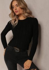 Czarny Dzianinowy Sweter w Warkoczykowy Splot Falles. Czarne swetry Renee, m, z aplikacjami, z dzianiny, casualowe, bez ramiączek. W wyprzedaży za 63.99 zł.