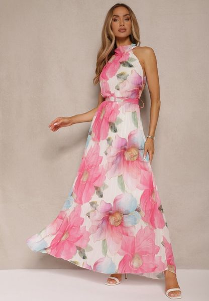 Różowa Plisowana Sukienka z Wiązaniem i Paskiem z Klamrą Nitolia. Czerwone sukienki Renee, na co dzień, bez wzorów, klasyczne, bez kołnierzyka, bez ramiączek, maxi, kopertowe. Za 169.99 zł.