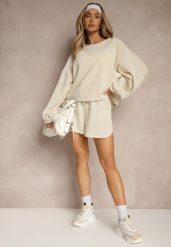 Beżowy Basicowy Komplet Szorty i Bluza Novirissa. Brązowe bluzy Renee, na lato, bez wzorów, z materiału, bez kaptura. W wyprzedaży za 143.99 zł.