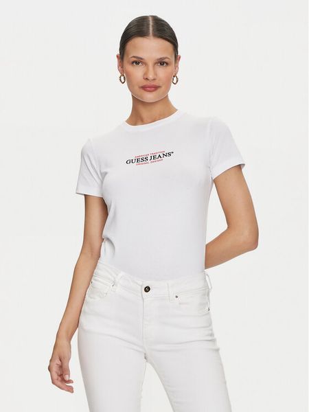 Guess Jeans T-Shirt W4YI03 J1314 Biały Slim Fit. Białe t-shirty Guess Jeans, xxl, z aplikacjami, z bawełny, bez kołnierzyka, bez ramiączek. Za 89.99 zł.