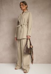 Beżowe Spodnie Garniturowe High Waist Annavia. Brązowe jeansy Renee, l, bez wzorów, z jeansu, eleganckie, z podwyższonym stanem. W wyprzedaży za 119.99 zł.