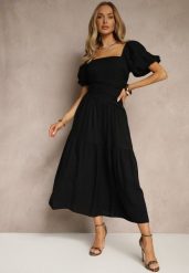 Czarna Sukienka Wiskozowa Drapowana z Rozkloszowanym Dołem Naprine. Czarne sukienki Renee, na co dzień, l, bez wzorów, z wiskozy, eleganckie, bez kołnierzyka, bez ramiączek, midi, rozkloszowane. W wyprzedaży za 111.99 zł.