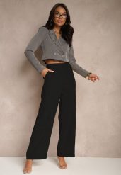 Czarne Spodnie Garniturowe z Wiskozą High Waist o Szerokim Kroju Lisiorena. Czarne jeansy Renee, l, bez wzorów, z jeansu, z podwyższonym stanem. W wyprzedaży za 83.99 zł.