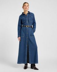 DAMSKA SUKIENKA JEANSOWA LEE MAXI DENIM UTILITY DRESS TIME OF OUR LIFE 112370993. Sukienki Lee, s, bez wzorów, z denimu, bez kołnierzyka, bez ramiączek, maxi. Za 219.99 zł.