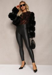 Czarne Legginsy z Imitacji Skóry z Regularną Talią i Szerokim Pasem w Biodrach Idrissa. Czarne legginsy Renee, bez wzorów, z jeansu. W wyprzedaży za 39.99 zł.