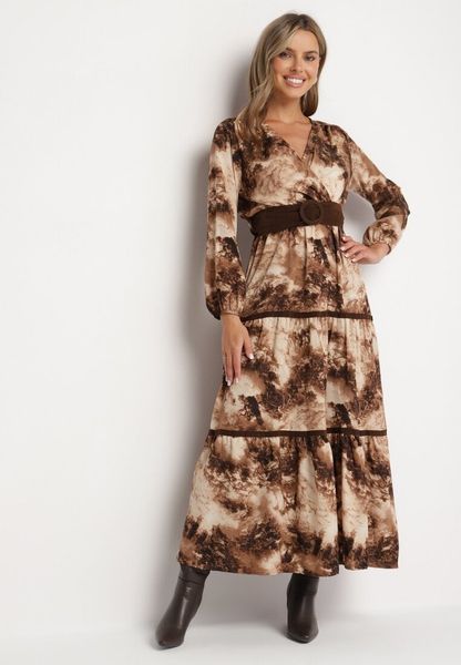 Brązowa Sukienka o Kopertowym Kroju w Abstrakcyjny Wzór z Gumką i Paskiem w Talii Edinolla. Brązowe sukienki Born2be, na co dzień, l, bez wzorów, eleganckie, bez kołnierzyka, bez ramiączek, maxi, kopertowe. Za 64.99 zł.