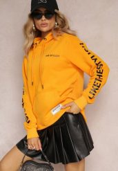 Pomarańczowa Ocieplona Bluza Kangurka z Ozdobnym Napisem na Rękawie Ticomes. Brązowe bluzy Renee, xl, z aplikacjami, z dzianiny, eleganckie, bez ramiączek, z kapturem. W wyprzedaży za 95.99 zł.