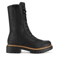 Trzewiki Rieker. Czarne botki Rieker, bez wzorów, bez obcasa, na płaskiej podeszwie, bez zapięcia. Za 279.99 zł.