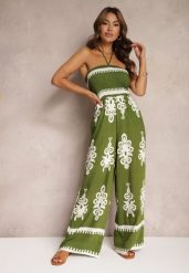 Zielony Taliowany Kombinezon z Wiskozy Ozdobiony Geometrycznym Motywem Perceria. Zielone kombinezony Renee, na spotkanie biznesowe, m, bez wzorów, z wiskozy, eleganckie, bez kołnierzyka, bez ramiączek, dopasowane. W wyprzedaży za 99.99 zł.
