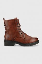 Mustang botki damskie kolor brązowy na platformie. Brązowe botki Mustang, bez wzorów, z gumy, bez obcasa, na platformie, bez zapięcia. Za 369.99 zł.