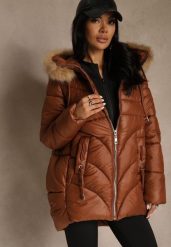 Brązowa Trapezowa Kurtka z Pikowanymi Przeszyciami i Kapturem z Odpinanym Futrem Deoiala. Brązowe kurtki Renee, l, bez wzorów, z jeansu, eleganckie. Za 199.99 zł.