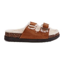 Damskie Kapcie Klapki Z Klamrami I Futerkiem Camel Ezilena brązowe. Brązowe kapcie bez wzorów. Za 130.41 zł.